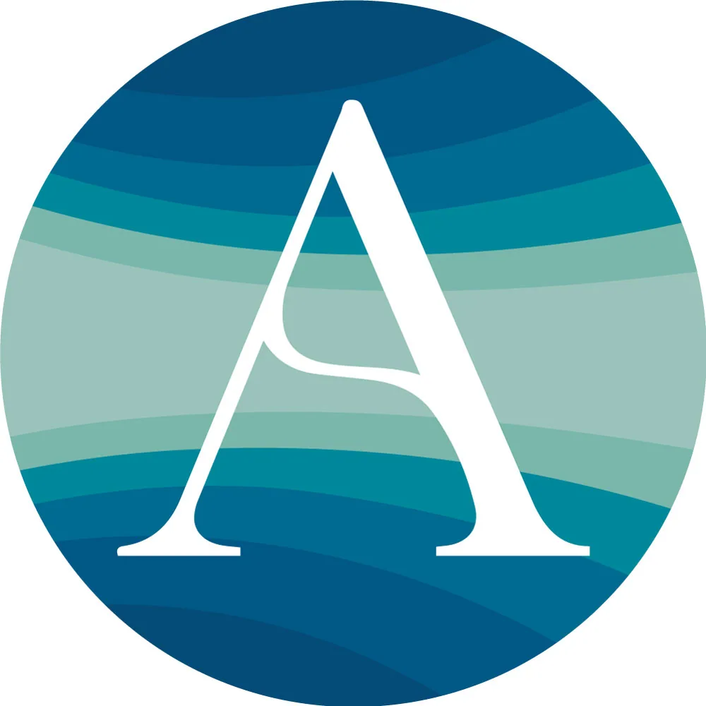 White letter A on circular gradient background transitioning from dark blue to teal
